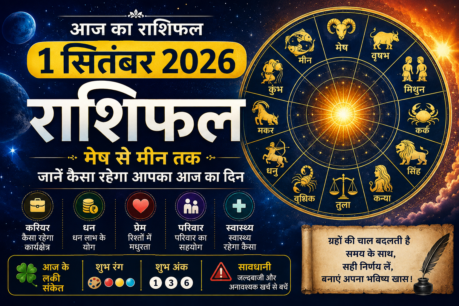 1 सितंबर 2026 राशिफल: मेष से मीन तक जानें आज का दिन कैसा रहेगा, किसे मिलेगा धन-लाभ और किसे रहना होगा सावधान